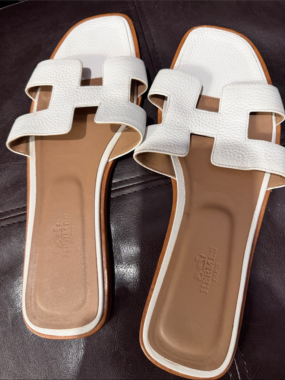 Hermes Paris White Leather Slide Sandals - Classic Women's Summer Slides